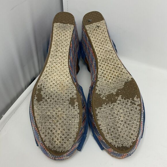 Toms Wedge Heel Shoes 7.5 Blue Suede Geometric Open Toe Sandals Ankle Strap - Picture 11 of 15